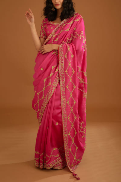 Shyam Narayan Prasad Fuchsia pink zardozi embroidered sari set SNPMAY2309