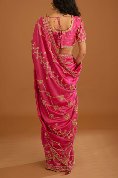 Shyam Narayan Prasad Fuchsia pink zardozi embroidered sari set SNPMAY2309