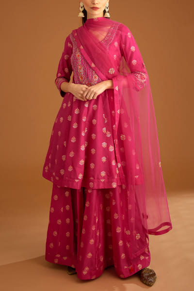 Shyam Narayan Prasad Fuchsia pink zardozi embroidered sharara set SNPMAR2308