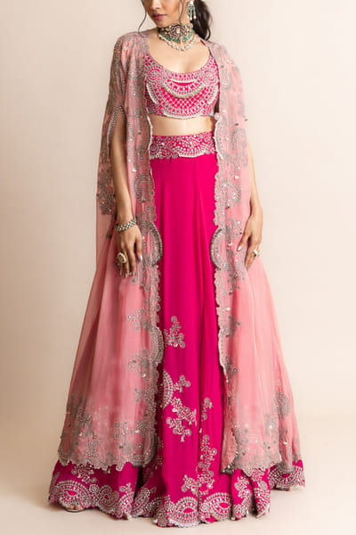 Nupur Kanoi Fuchsia sequin and Swarovski embroidered cape lehenga set NUKMAY2345