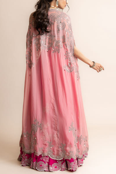Nupur Kanoi Fuchsia sequin and Swarovski embroidered cape lehenga set NUKMAY2345