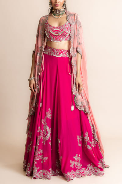 Nupur Kanoi Fuchsia Swarovski and sequin embroidered cape lehenga set NUKMAY2338