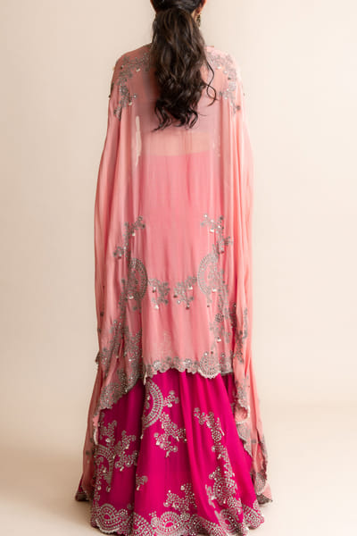 Nupur Kanoi Fuchsia Swarovski and sequin embroidered cape lehenga set NUKMAY2338