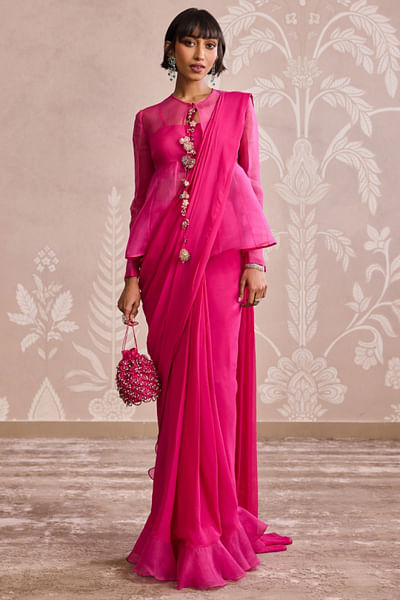 Fucshsia ruffle sari set