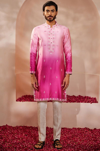 Fushia pink ombre floral embroidered kurta set
