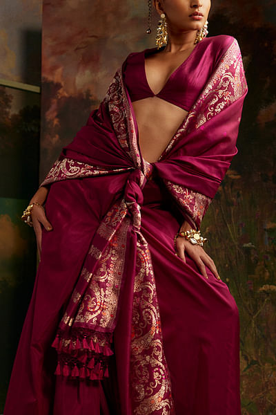 Garnet handwoven banarasi silk saree set