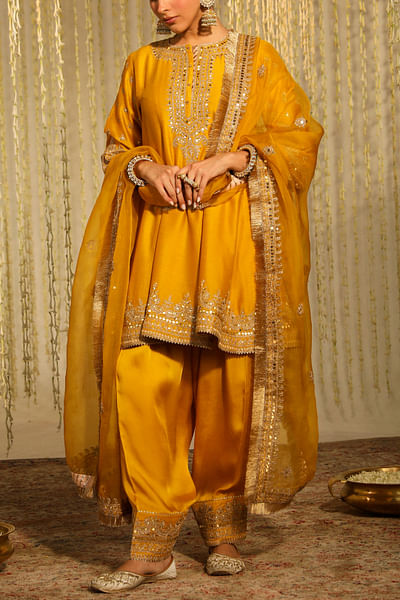 Glaze mustard dori embroidery short kurta set