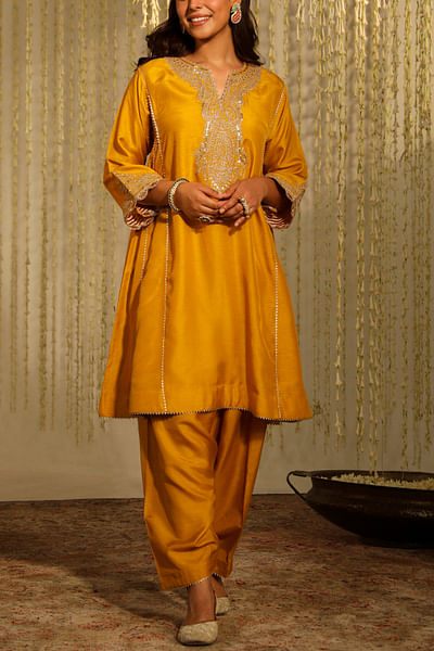 Glaze mustard kiran dori embroidered kurta set