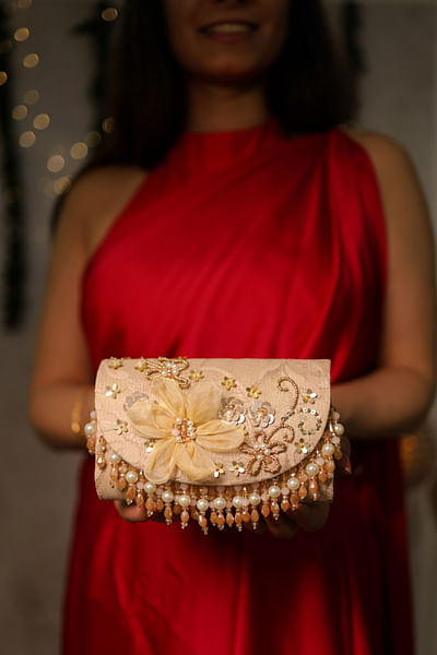 Gold 3D floral embroidery crystal clutch