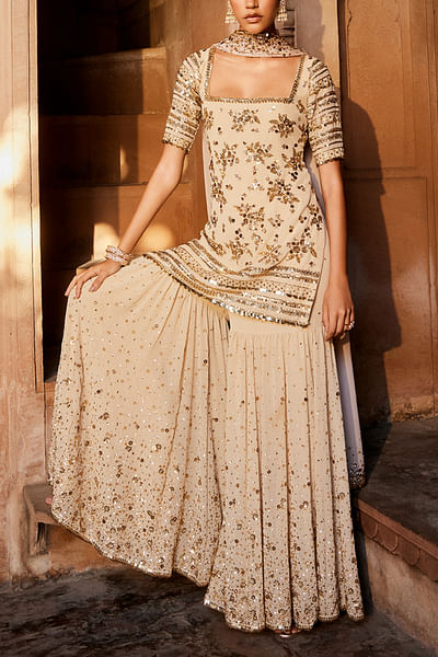 Gold and beige floral sequinned gharara set
