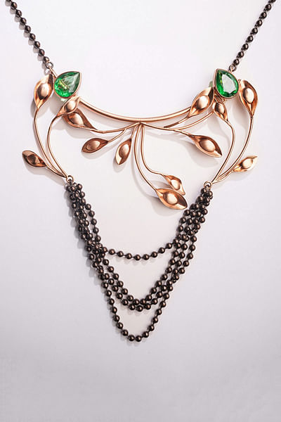 Gold and black leaf crystal necklace