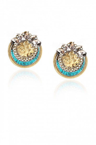 Gold and blue kundan and turquoise earrings