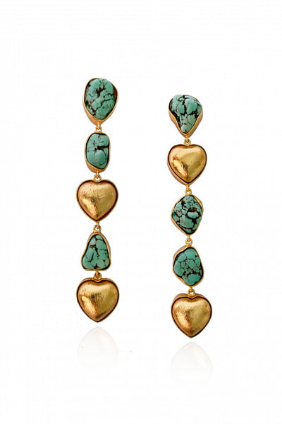 Gold and green heart beaded stone danglers
