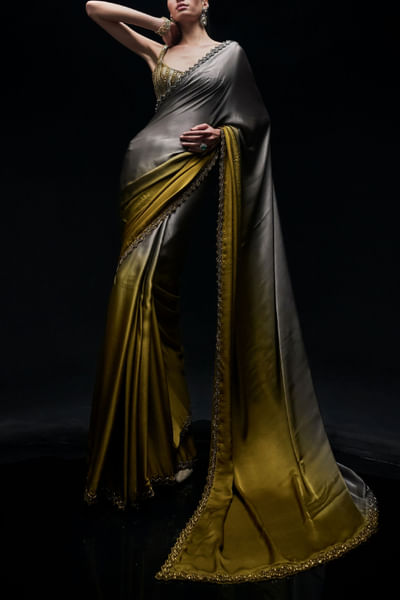 Gold and grey ombre satin sari set