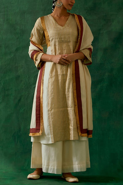 Gold and off-white stripe handwoven kurta set