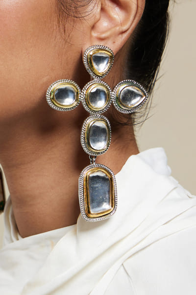 Gold and silver cross polki earrings