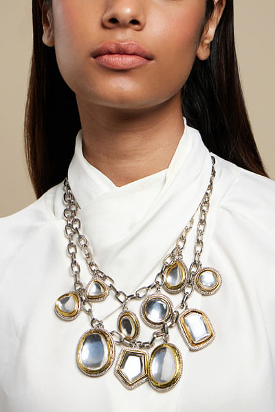 Gold and silver geometrical polki necklace