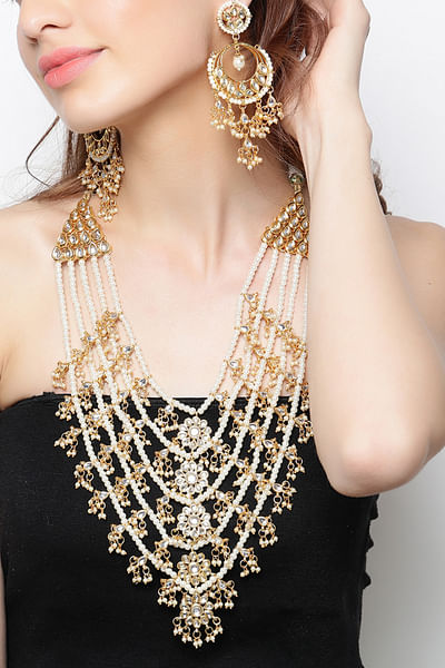 Gold and white kundan polki layer necklace set
