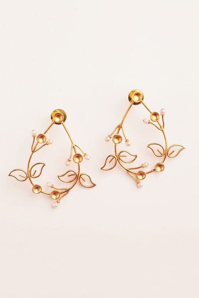Gold and white leaf pearl earrings