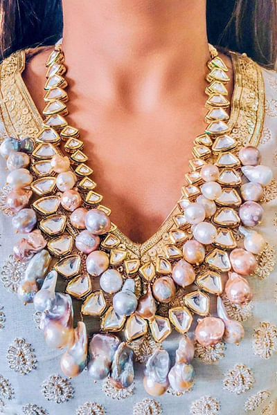 Gold baroque pearl and kundan embellished necklace