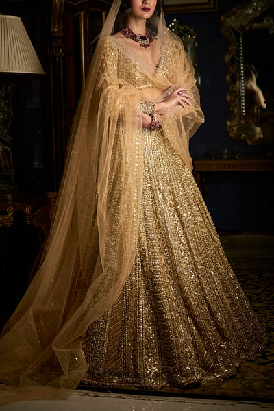 Gold bead embroidered lehenga set