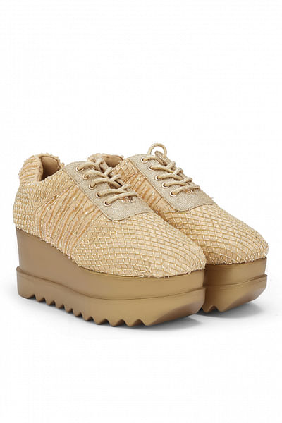 Gold bead embroidery wedge sneakers