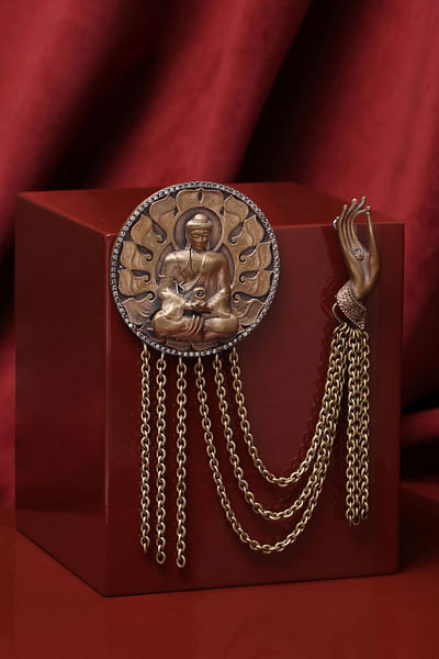 Gold Buddha and hand chain detail brooch