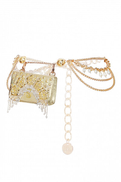 Gold crystal and metal ornamented chain waist bag