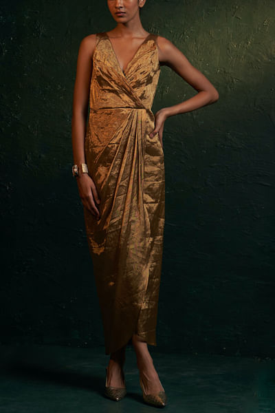 Gold draped tissue dress