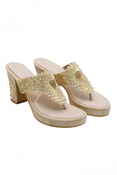 Gold embroidered block heel sandals