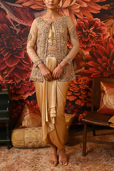 Gold embroidered jacket and draped skirt set