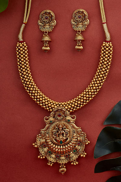 Gold finished long beaded temple necklace set