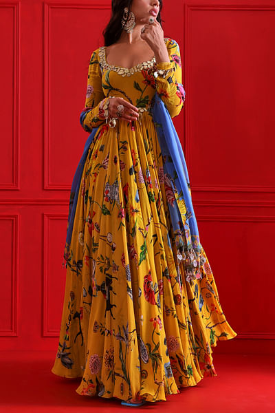 Gold floral and horse print anarkali set