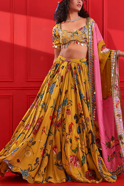 Gold floral and horse printed lehenga set