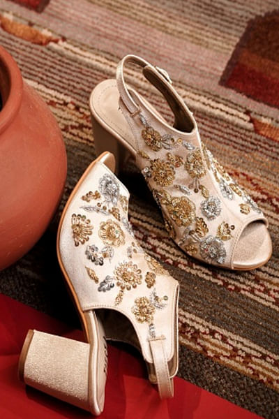 Gold floral embroidered block heels