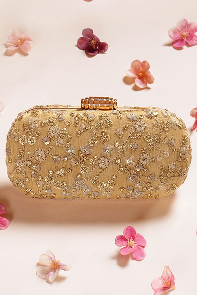 Gold floral embroidery capsule clutch