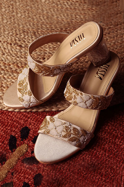 Gold floral embroidery heels
