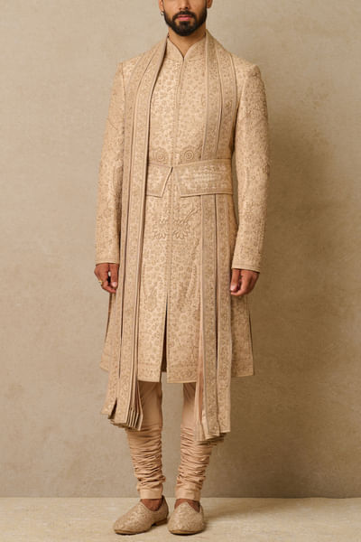 Gold floral embroidery sherwani full set
