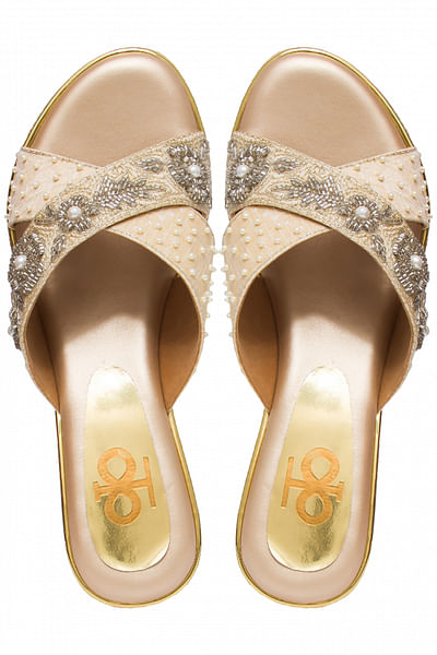 Gold floral embroidery wedges