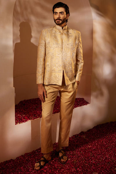 Gold floral motif embroidered bandhgala set