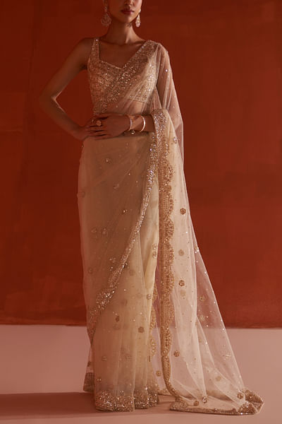 Gold floral pearl and sequin detail saree set
