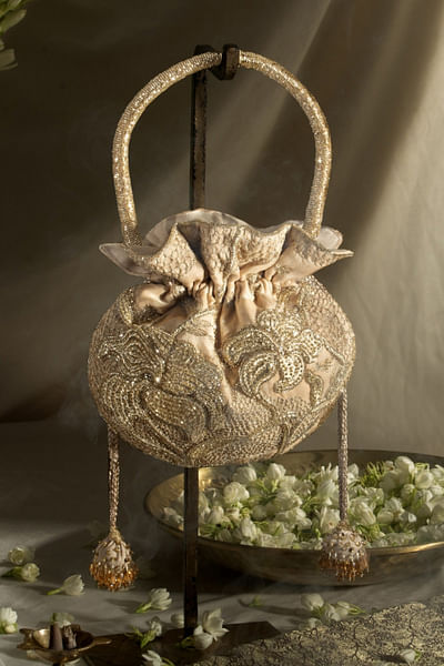 Gold floral zari embroidery potli bag