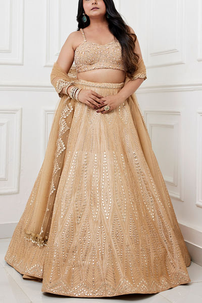 Gold geometric mirror embroidery lehenga set