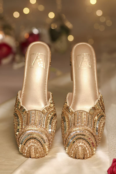 Gold geometric sequin embellished mule heels