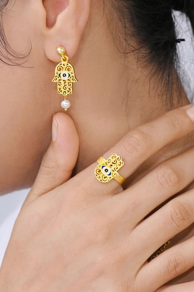 Gold hamsa and evil eye enamel adjustable ring