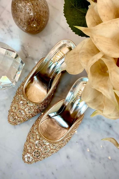 Gold hand embroidered bridal heels