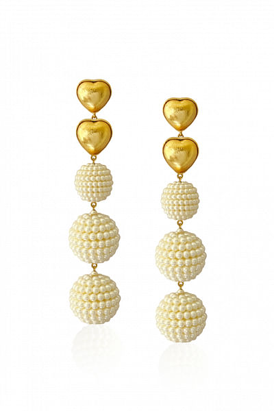 Gold heart bead and faux pearl danglers