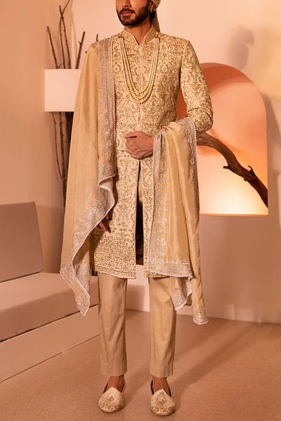Gold jaal thread embroidery sherwani