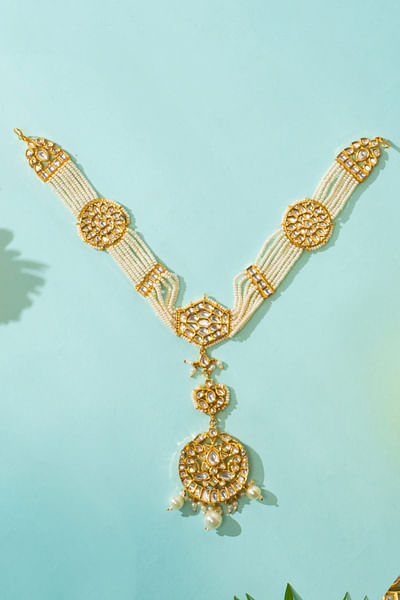 Gold kundan pearl embellished matha patti