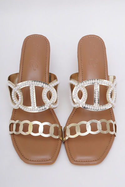 Gold laser cut embellished block heels
